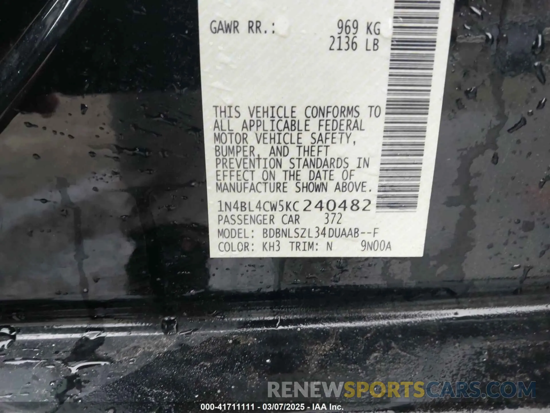 9 fotografías del automóvil dañado 1N4BL4CW5KC240482 NISSAN ALTIMA 2019