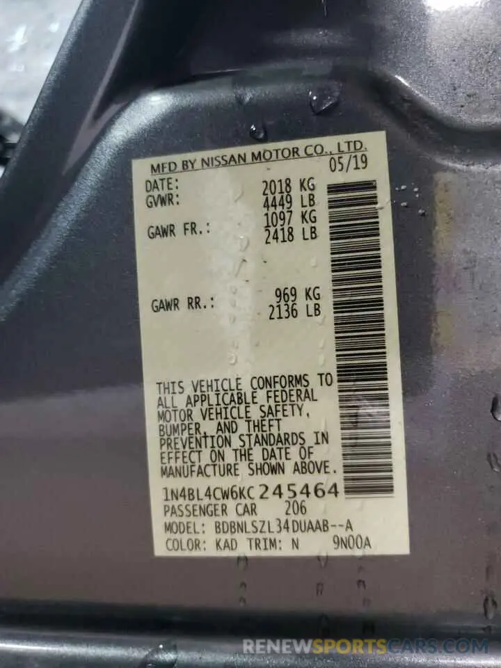 13 fotografías del automóvil dañado 1N4BL4CW6KC245464 NISSAN ALTIMA 2019