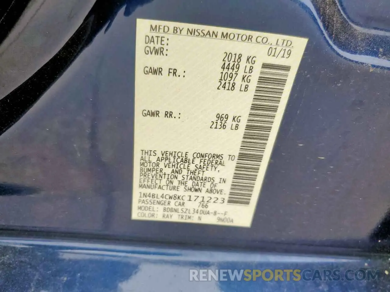 13 fotografías del automóvil dañado 1N4BL4CW8KC171223 NISSAN ALTIMA 2019