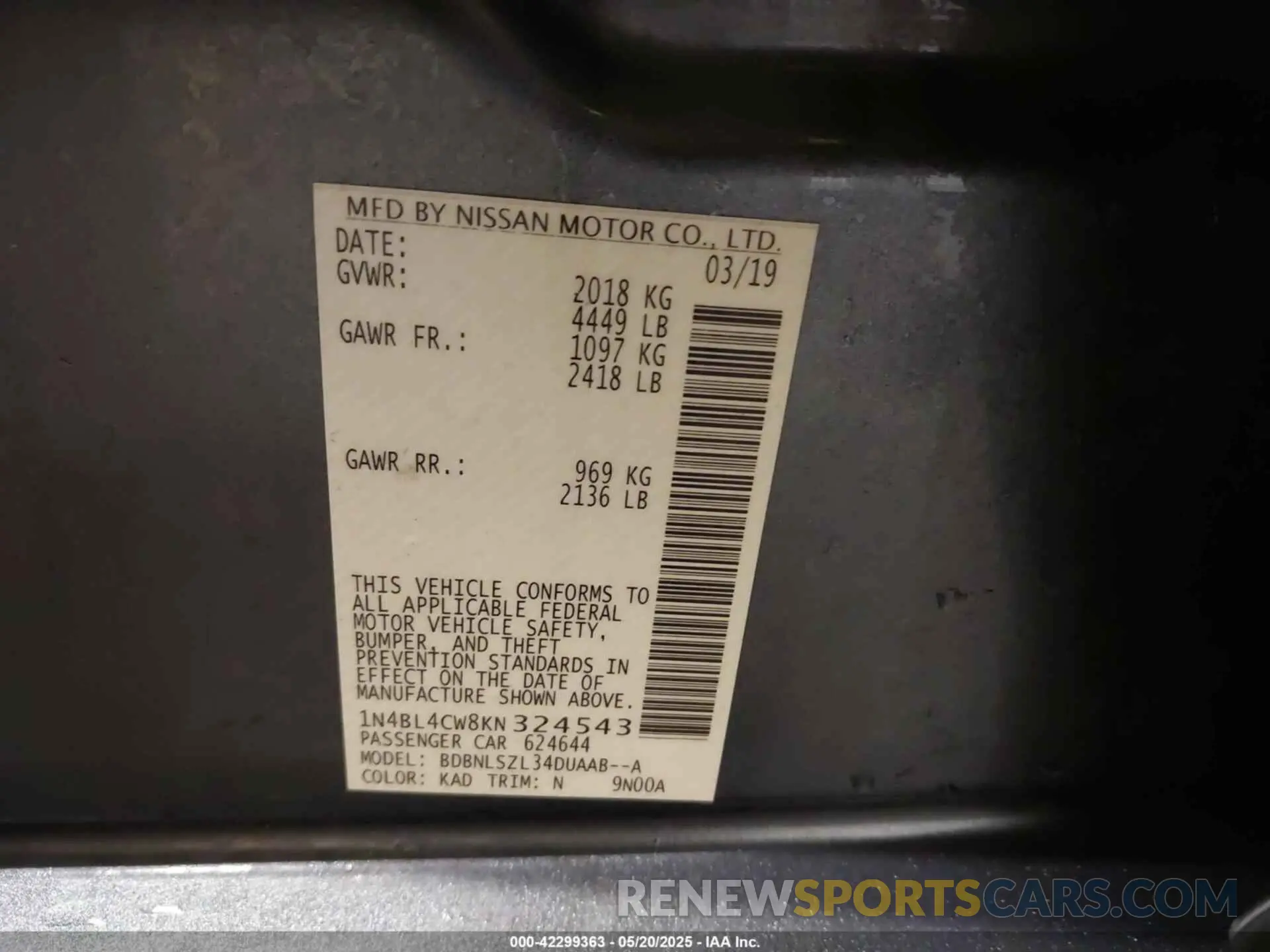 9 fotografías del automóvil dañado 1N4BL4CW8KN324543 NISSAN ALTIMA 2019