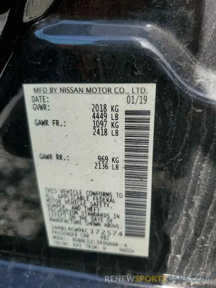 12 fotografías del automóvil dañado 1N4BL4CW9KC172574 NISSAN ALTIMA 2019