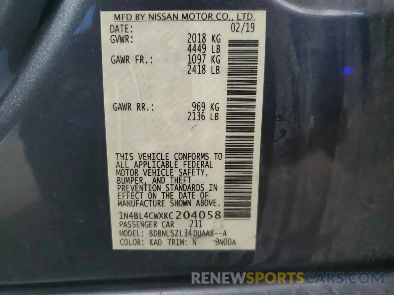 12 fotografías del automóvil dañado 1N4BL4CWXKC204058 NISSAN ALTIMA 2019