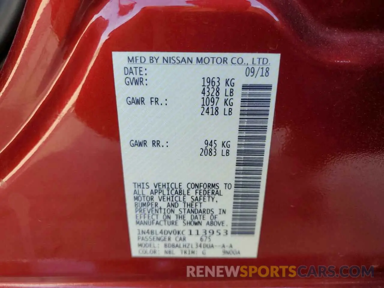 12 fotografías del automóvil dañado 1N4BL4DV0KC113953 NISSAN ALTIMA 2019