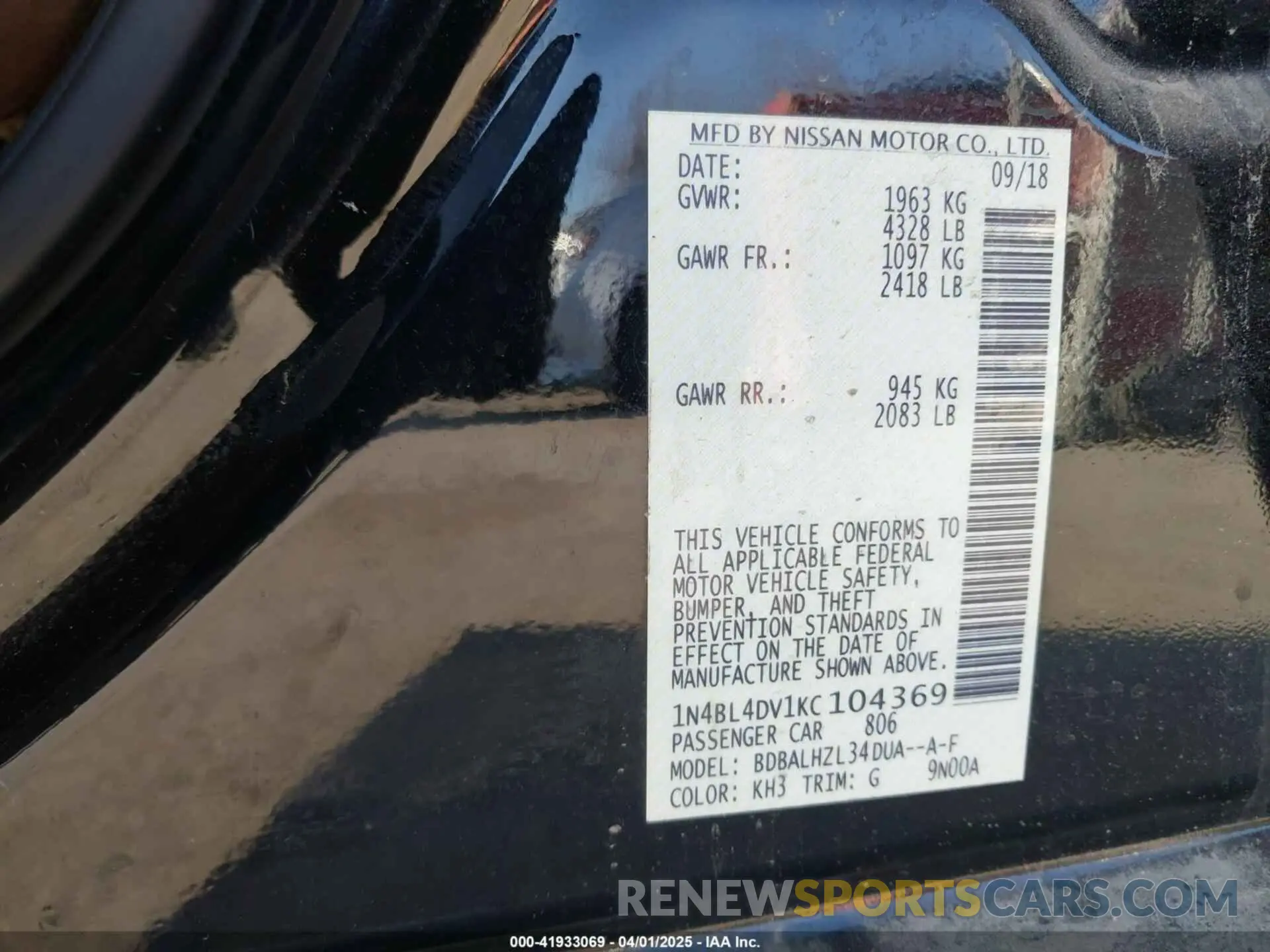 9 fotografías del automóvil dañado 1N4BL4DV1KC104369 NISSAN ALTIMA 2019