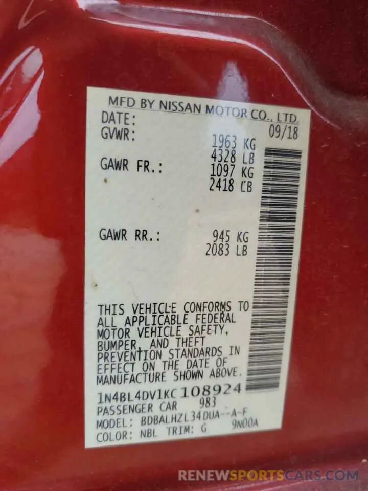 13 fotografías del automóvil dañado 1N4BL4DV1KC108924 NISSAN ALTIMA 2019
