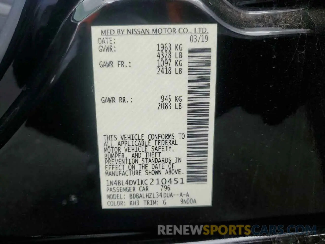 12 fotografías del automóvil dañado 1N4BL4DV1KC210451 NISSAN ALTIMA 2019