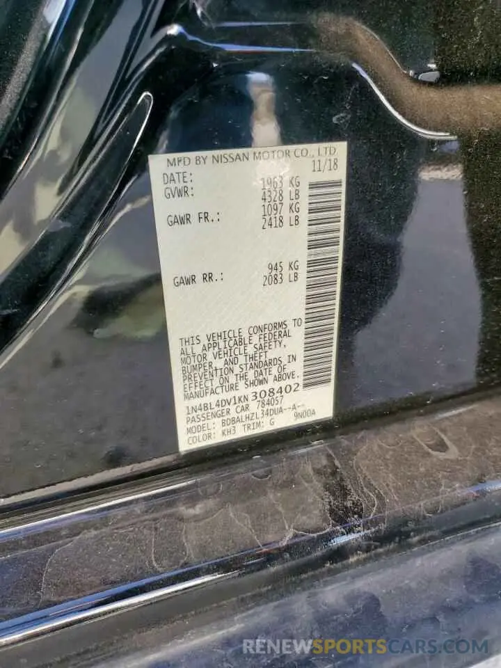 12 fotografías del automóvil dañado 1N4BL4DV1KN308402 NISSAN ALTIMA 2019