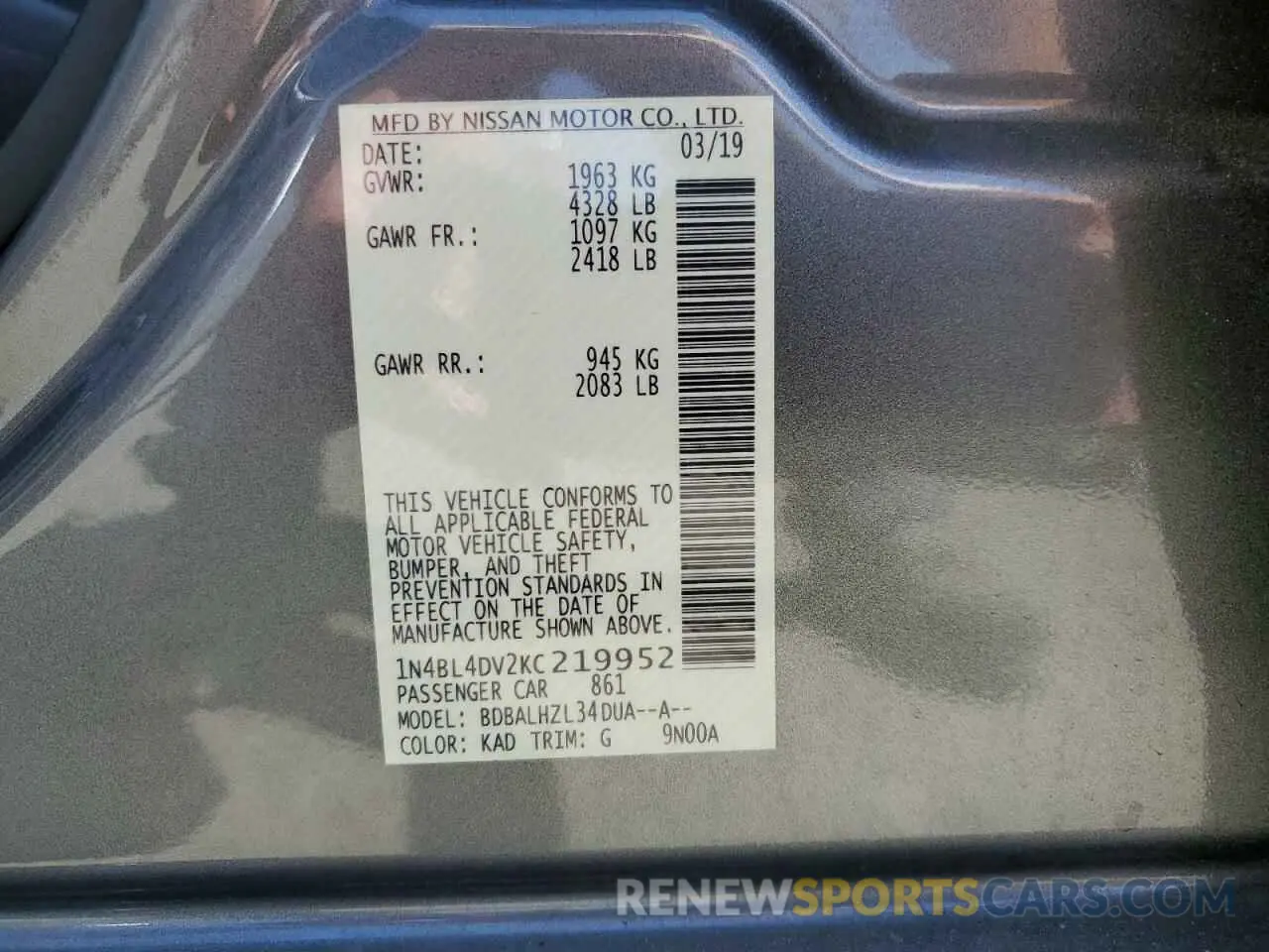 12 fotografías del automóvil dañado 1N4BL4DV2KC219952 NISSAN ALTIMA 2019