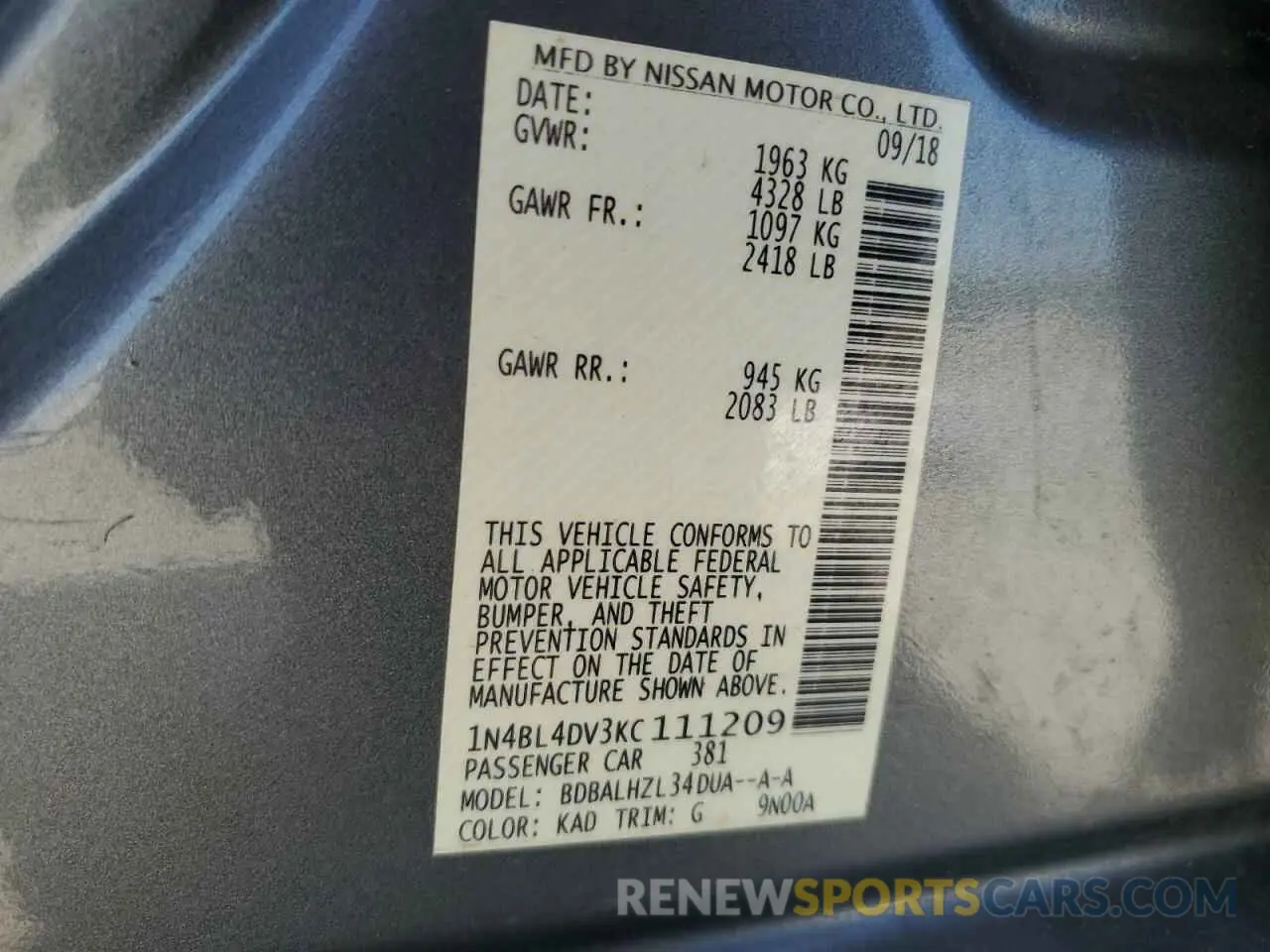 12 fotografías del automóvil dañado 1N4BL4DV3KC111209 NISSAN ALTIMA 2019