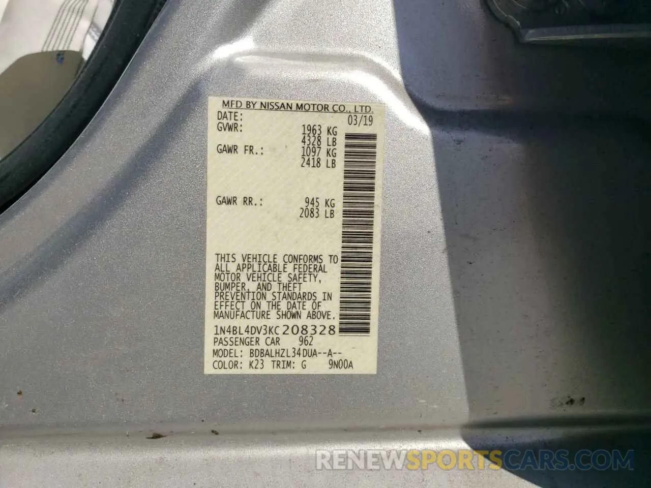 14 fotografías del automóvil dañado 1N4BL4DV3KC208328 NISSAN ALTIMA 2019
