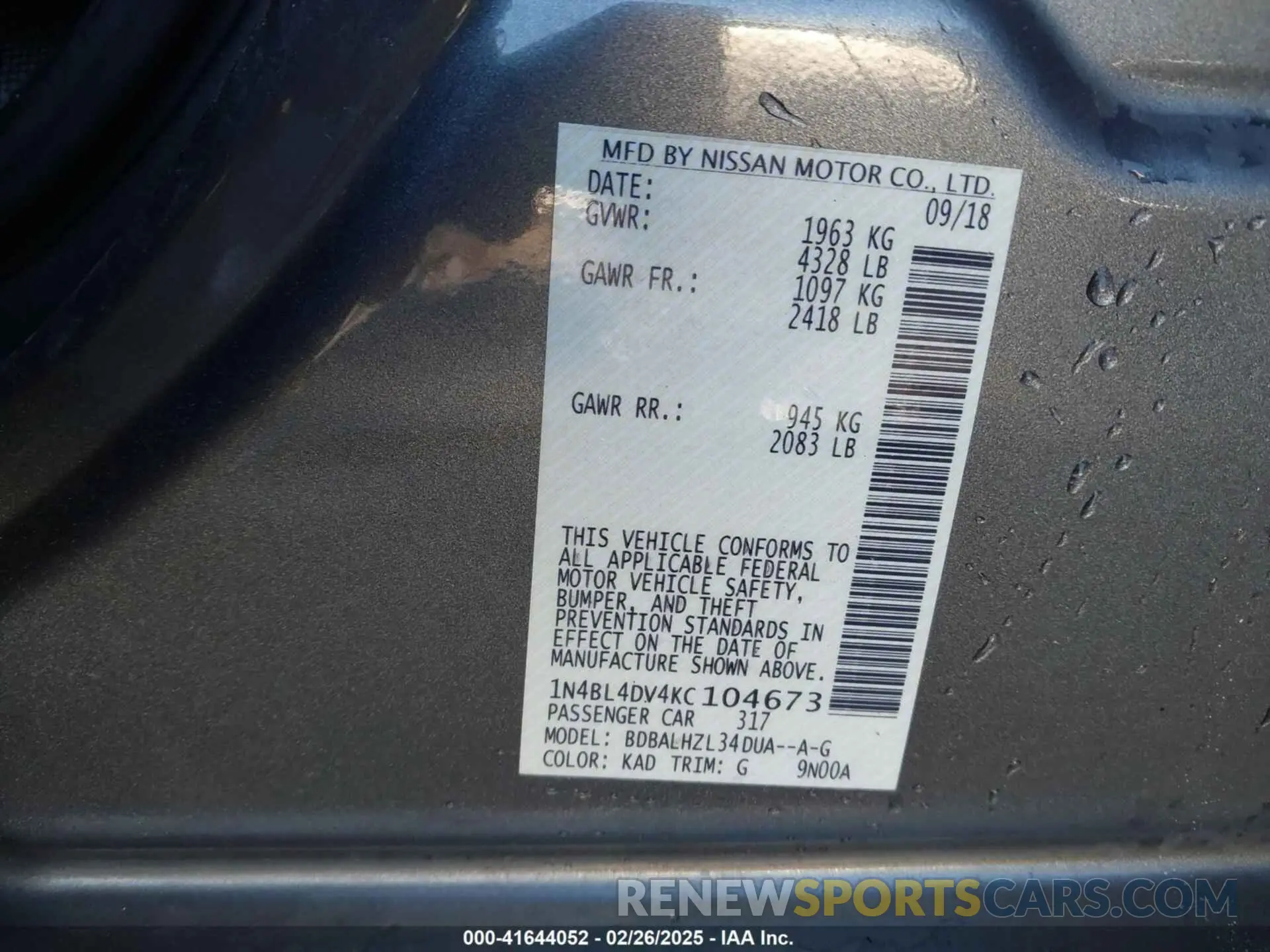 9 fotografías del automóvil dañado 1N4BL4DV4KC104673 NISSAN ALTIMA 2019