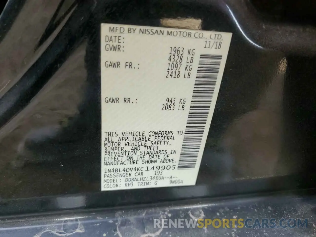 12 fotografías del automóvil dañado 1N4BL4DV4KC149905 NISSAN ALTIMA 2019