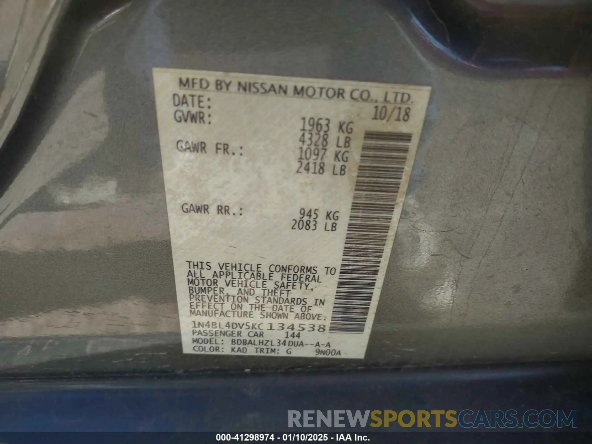 9 fotografías del automóvil dañado 1N4BL4DV5KC134538 NISSAN ALTIMA 2019