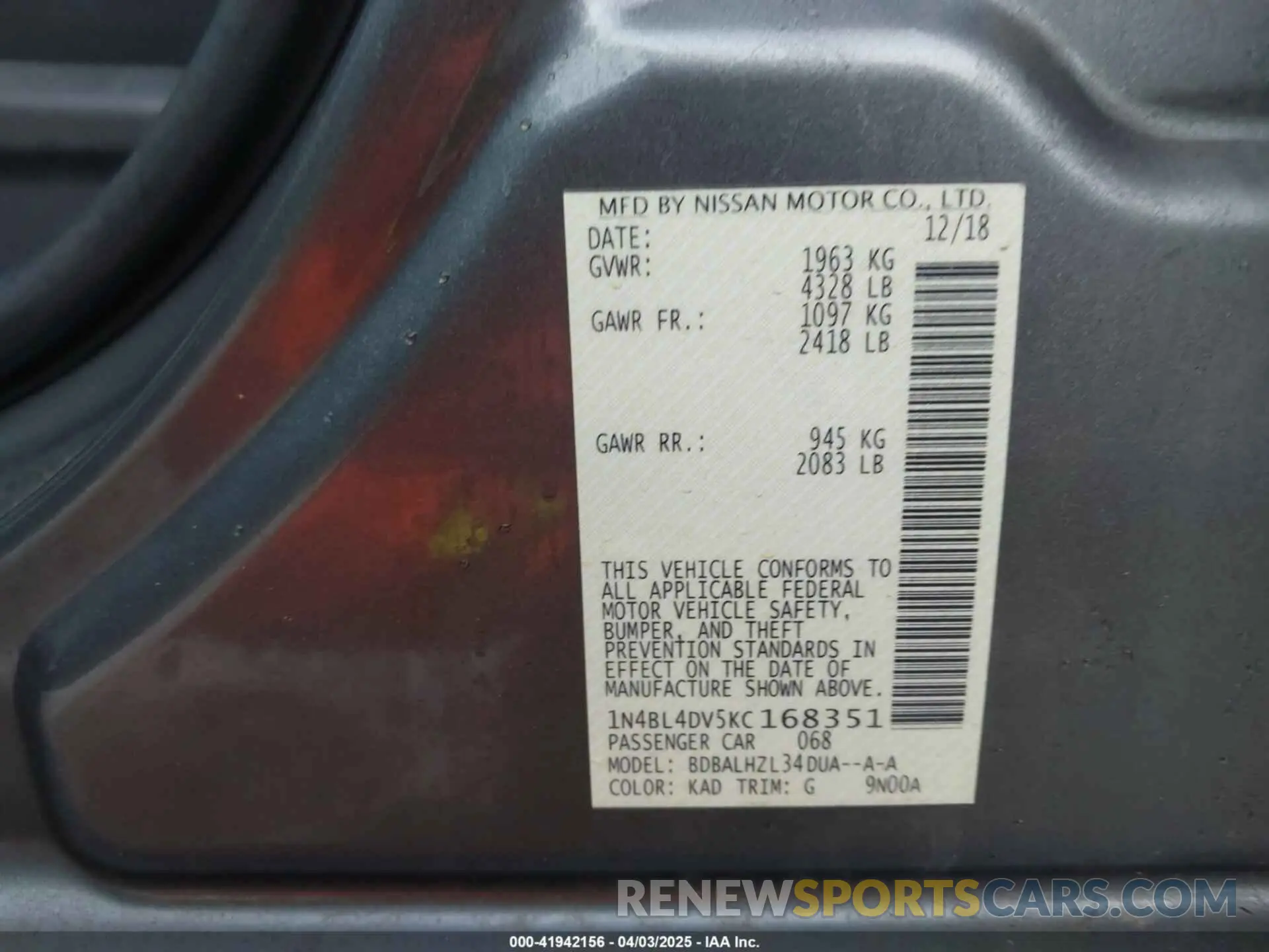 9 fotografías del automóvil dañado 1N4BL4DV5KC168351 NISSAN ALTIMA 2019