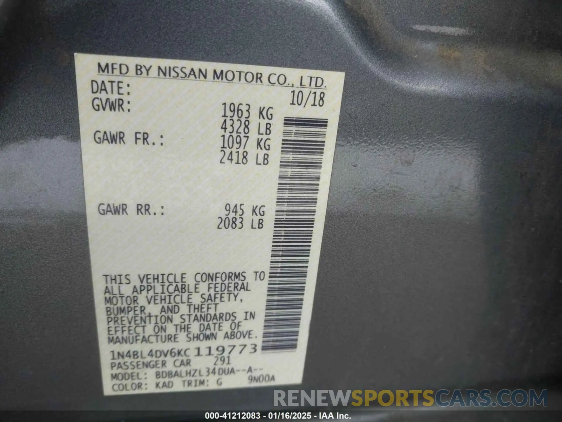 9 fotografías del automóvil dañado 1N4BL4DV6KC119773 NISSAN ALTIMA 2019