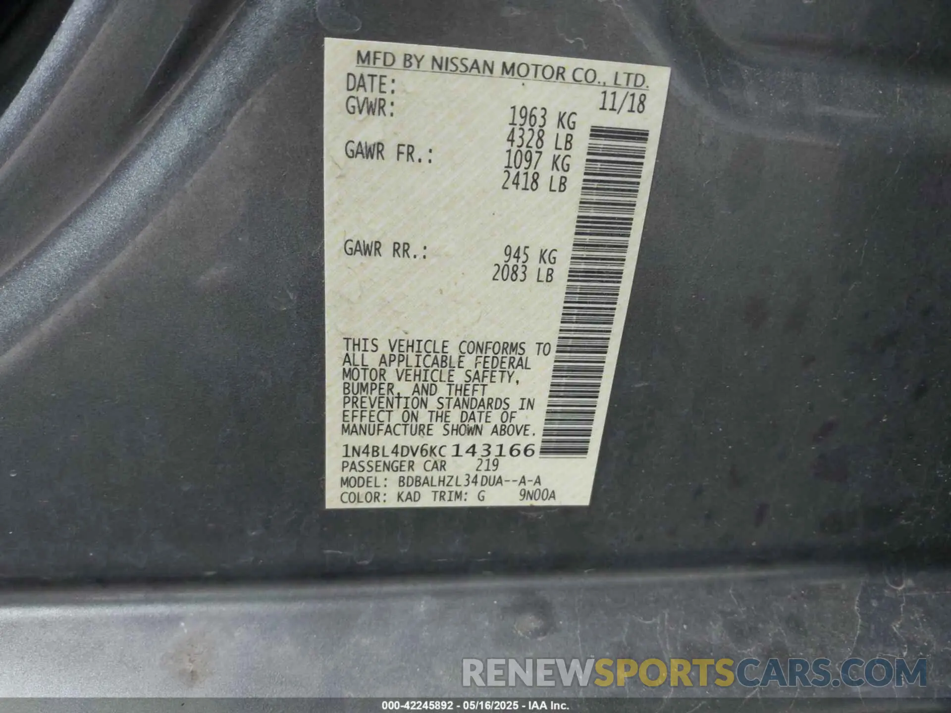 9 fotografías del automóvil dañado 1N4BL4DV6KC143166 NISSAN ALTIMA 2019