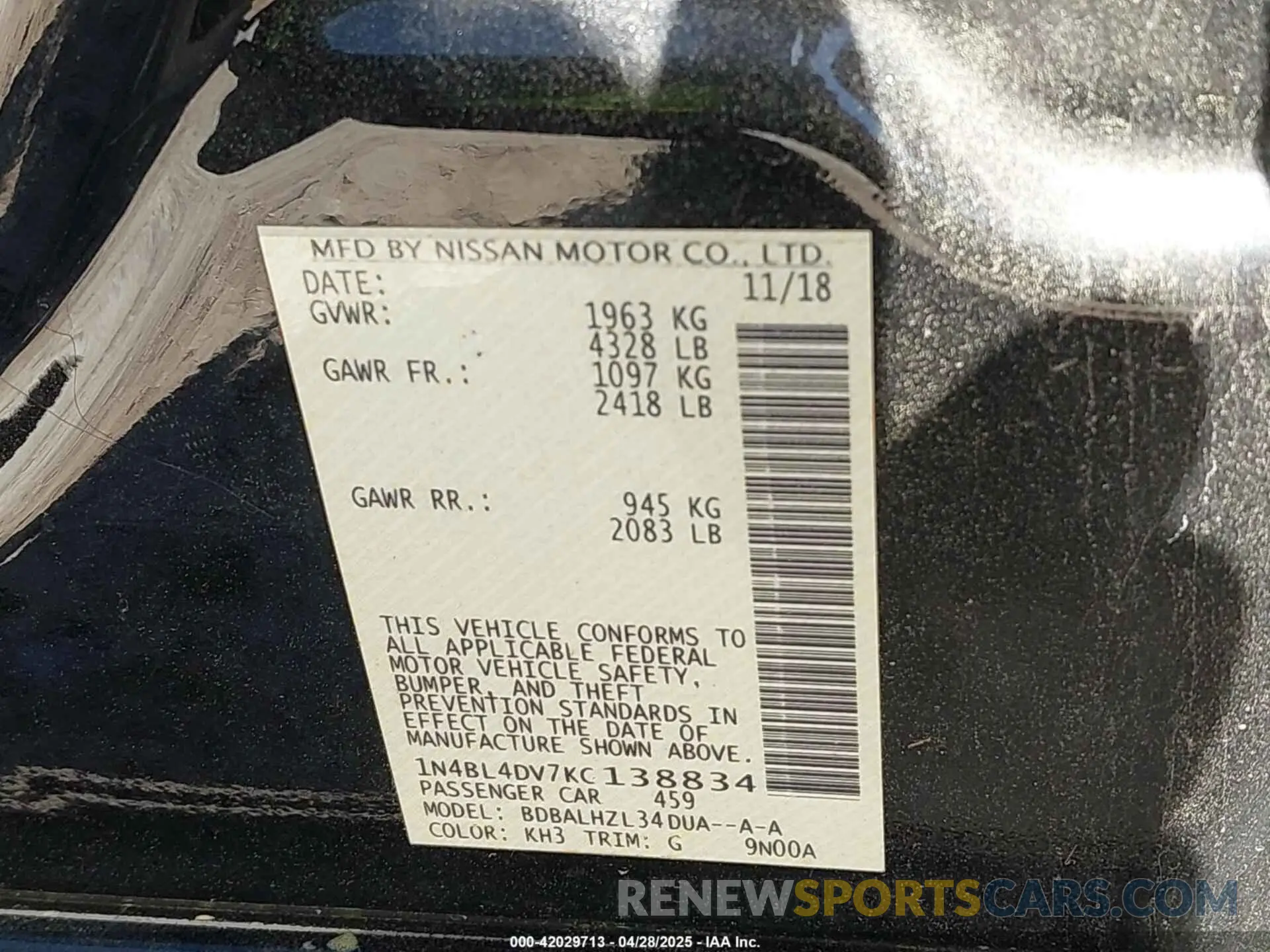9 fotografías del automóvil dañado 1N4BL4DV7KC138834 NISSAN ALTIMA 2019