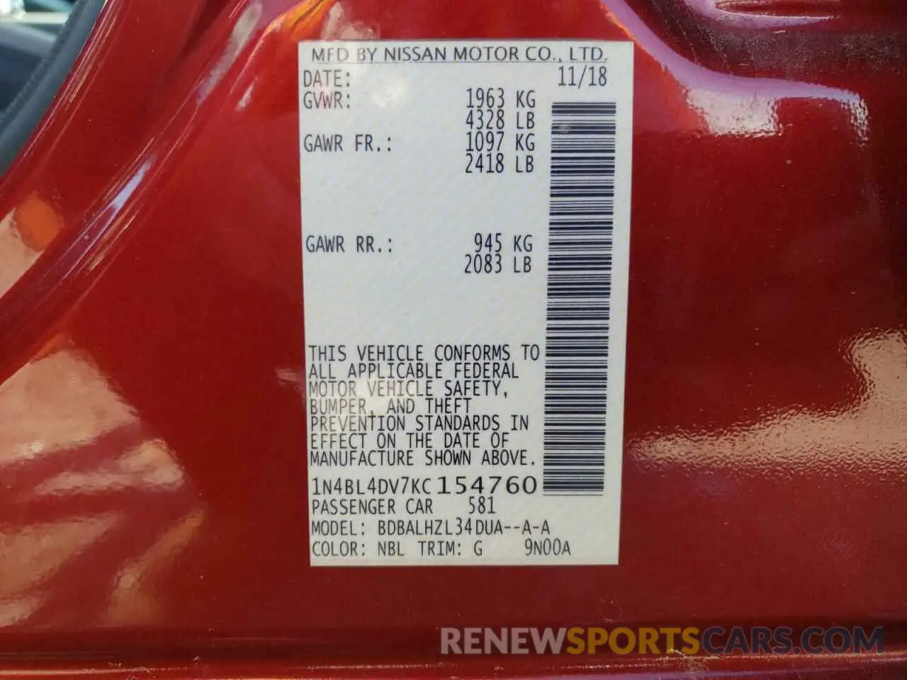 13 fotografías del automóvil dañado 1N4BL4DV7KC154760 NISSAN ALTIMA 2019
