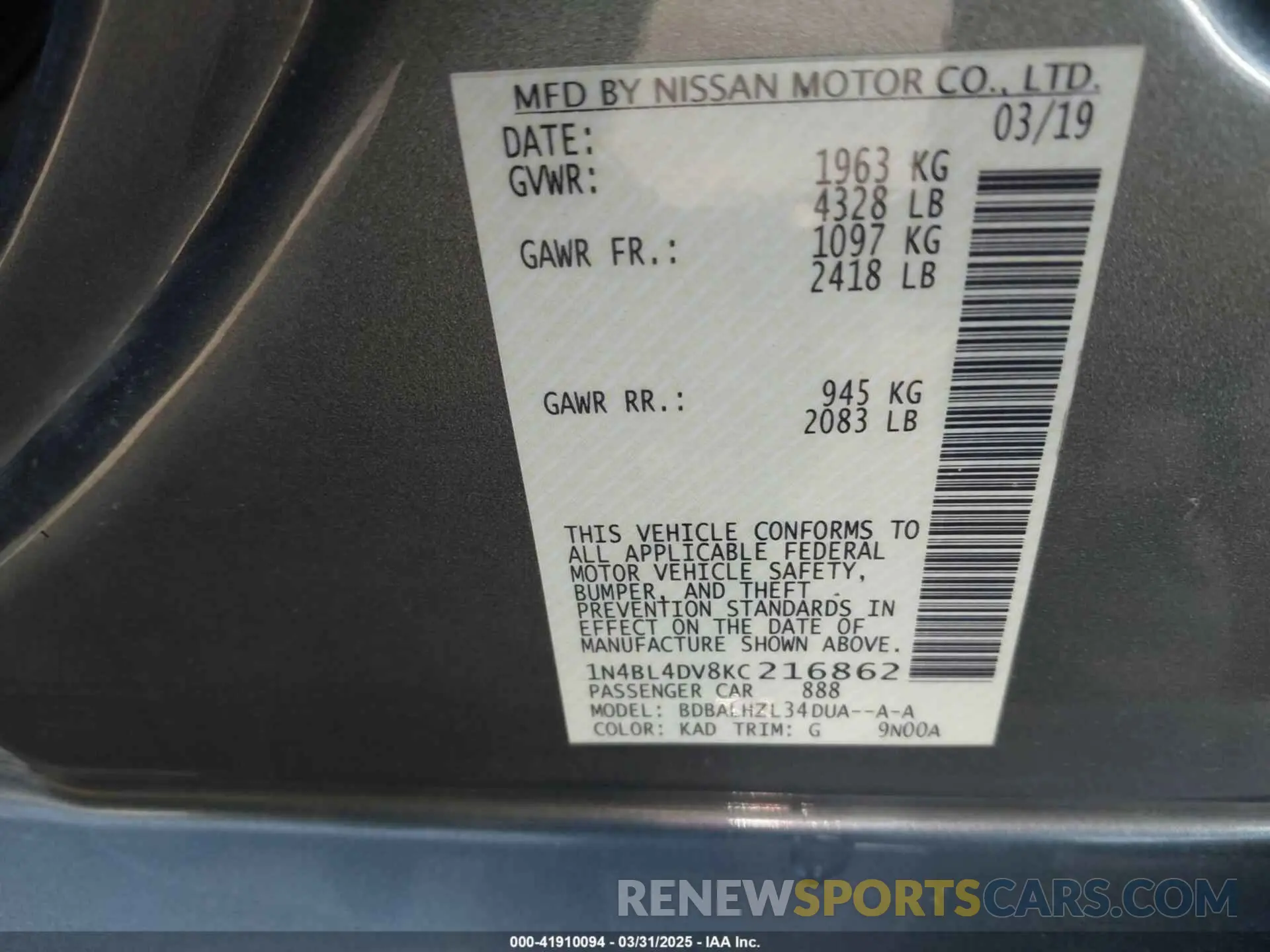 9 fotografías del automóvil dañado 1N4BL4DV8KC216862 NISSAN ALTIMA 2019