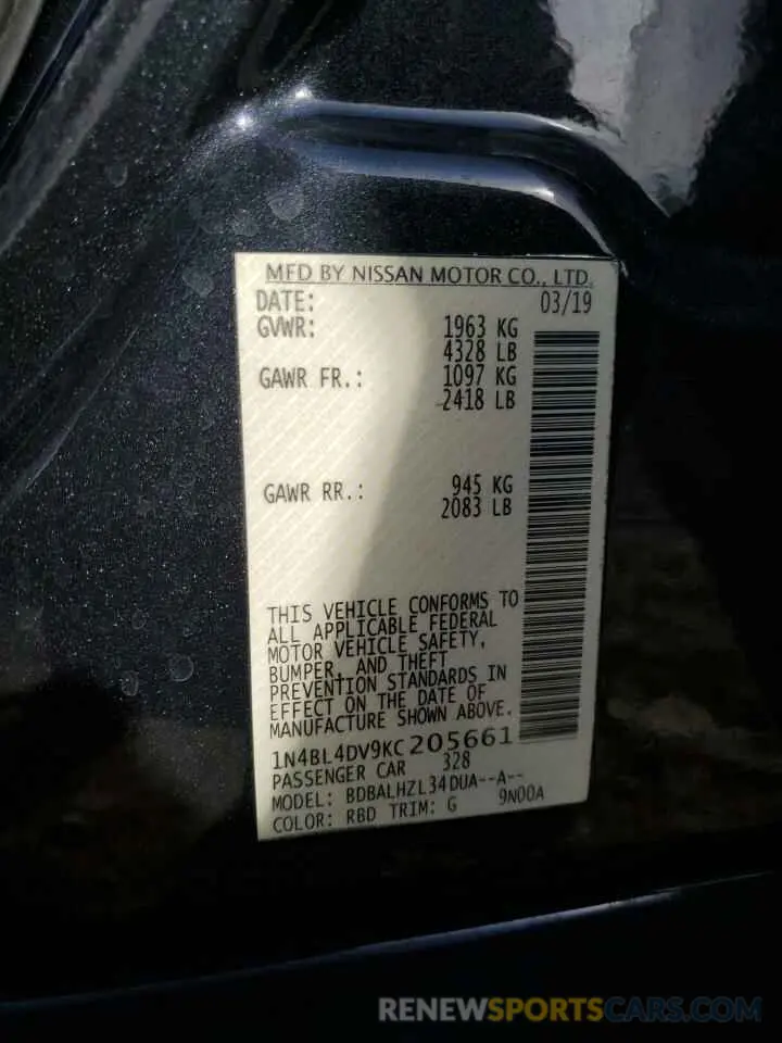 13 fotografías del automóvil dañado 1N4BL4DV9KC205661 NISSAN ALTIMA 2019