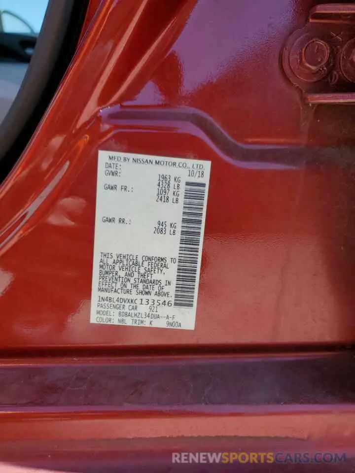 13 fotografías del automóvil dañado 1N4BL4DVXKC133546 NISSAN ALTIMA 2019
