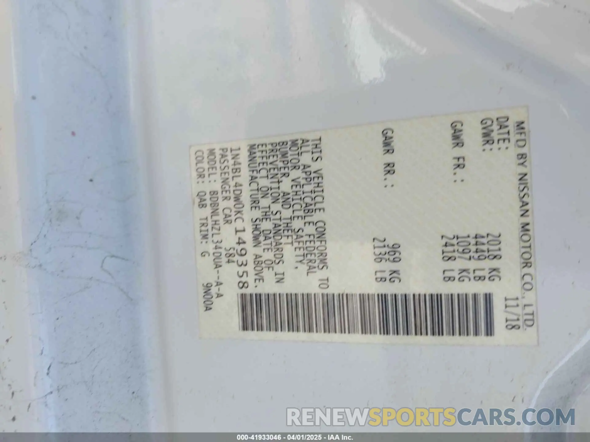 9 fotografías del automóvil dañado 1N4BL4DW0KC149358 NISSAN ALTIMA 2019