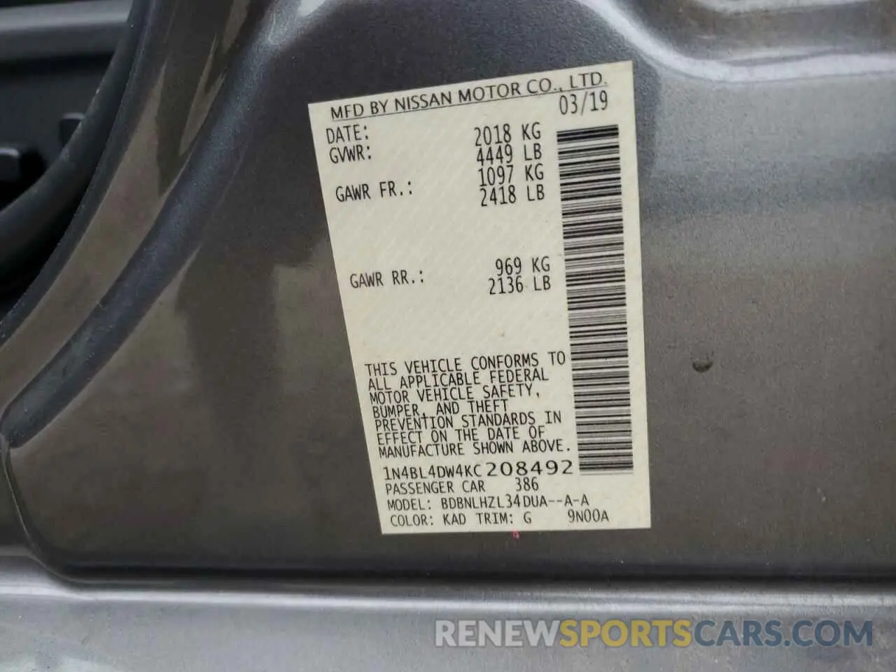 14 fotografías del automóvil dañado 1N4BL4DW4KC208492 NISSAN ALTIMA 2019