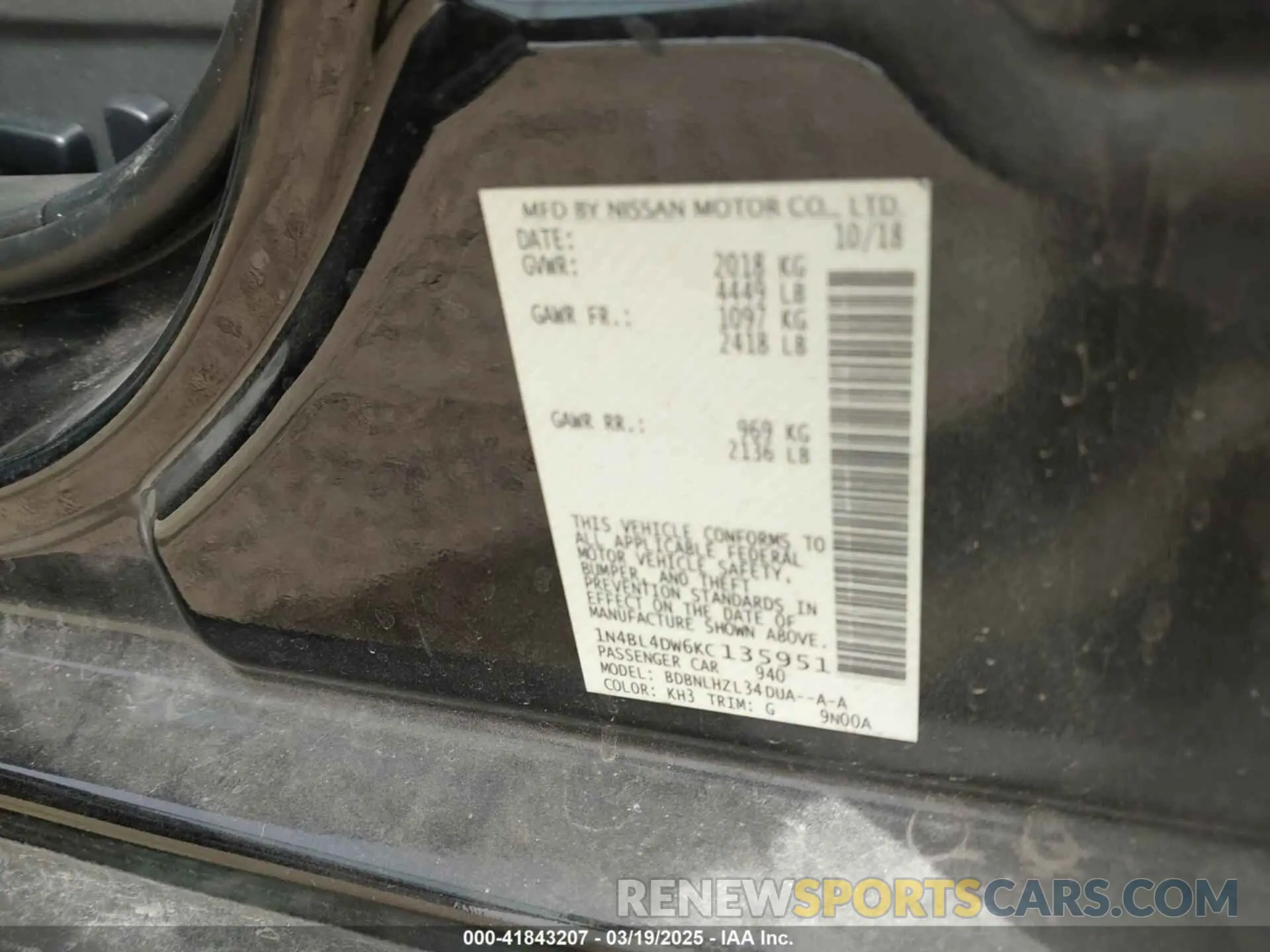 9 fotografías del automóvil dañado 1N4BL4DW6KC135951 NISSAN ALTIMA 2019