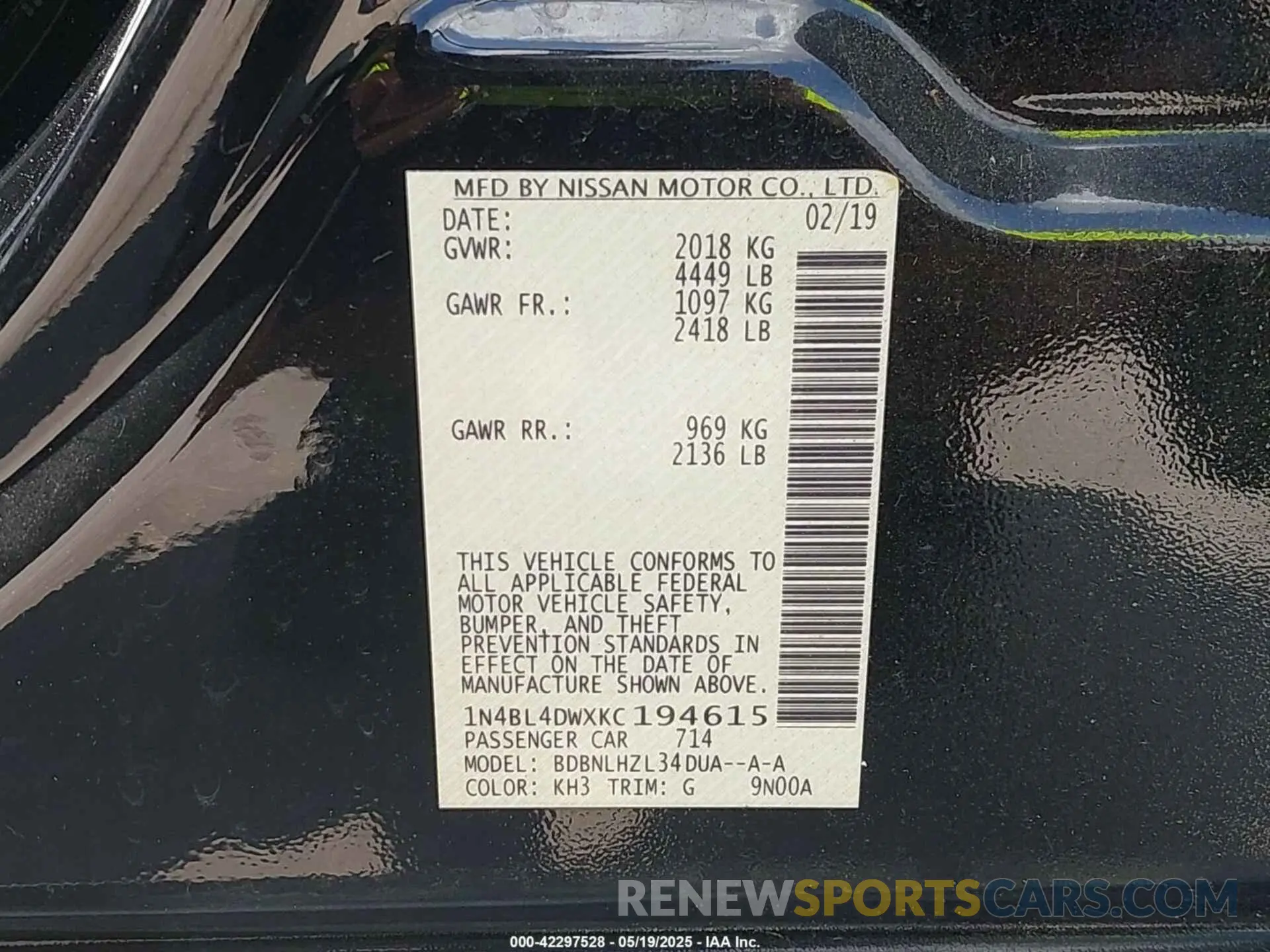 9 fotografías del automóvil dañado 1N4BL4DWXKC194615 NISSAN ALTIMA 2019