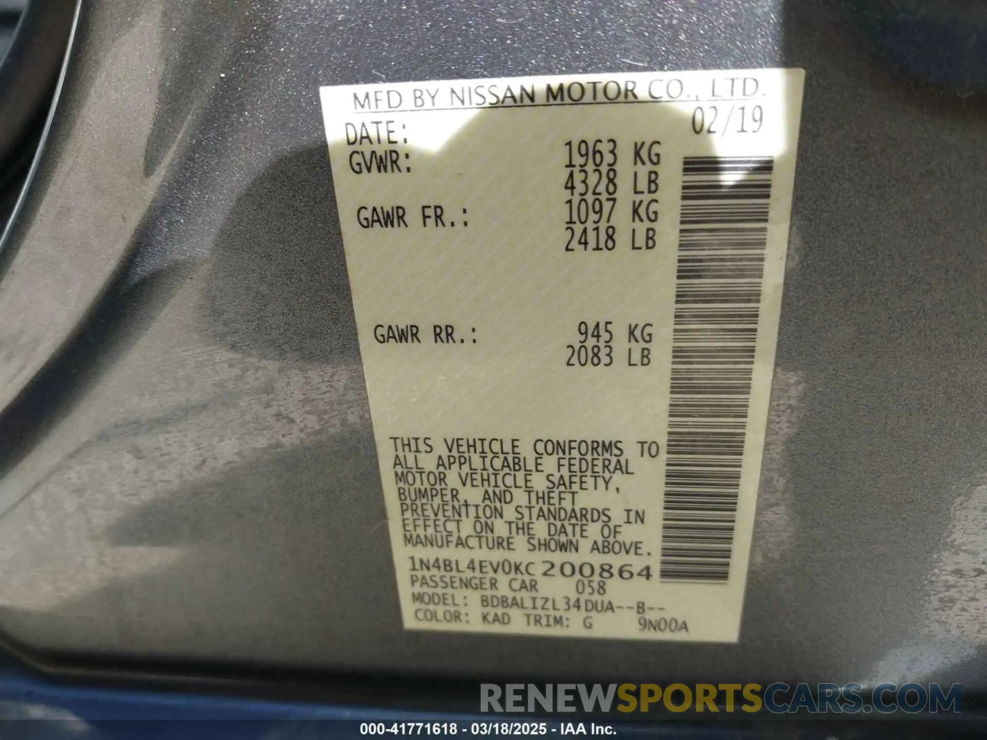 9 fotografías del automóvil dañado 1N4BL4EV0KC200864 NISSAN ALTIMA 2019