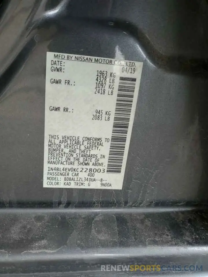 12 fotografías del automóvil dañado 1N4BL4EV0KC228003 NISSAN ALTIMA 2019