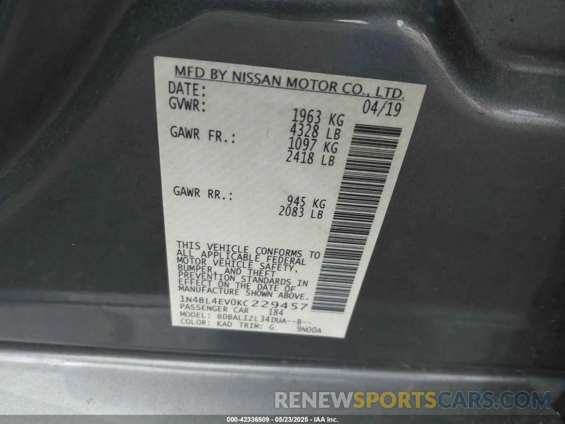 9 fotografías del automóvil dañado 1N4BL4EV0KC229457 NISSAN ALTIMA 2019