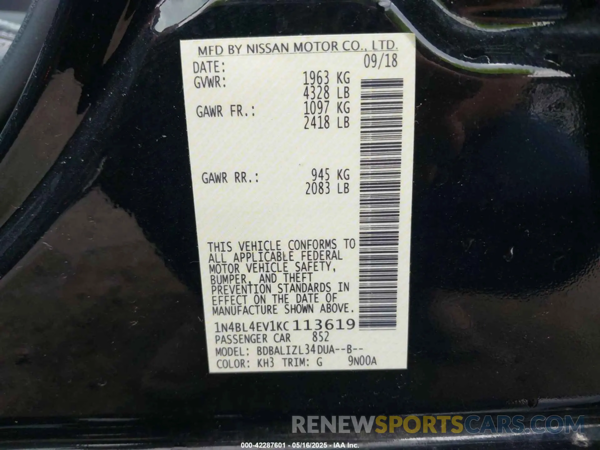 9 fotografías del automóvil dañado 1N4BL4EV1KC113619 NISSAN ALTIMA 2019