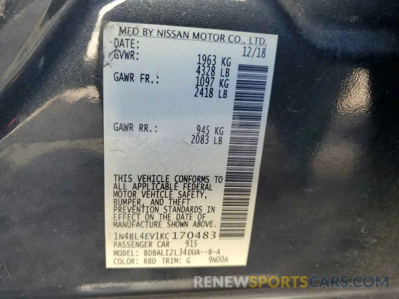 14 fotografías del automóvil dañado 1N4BL4EV1KC170483 NISSAN ALTIMA 2019