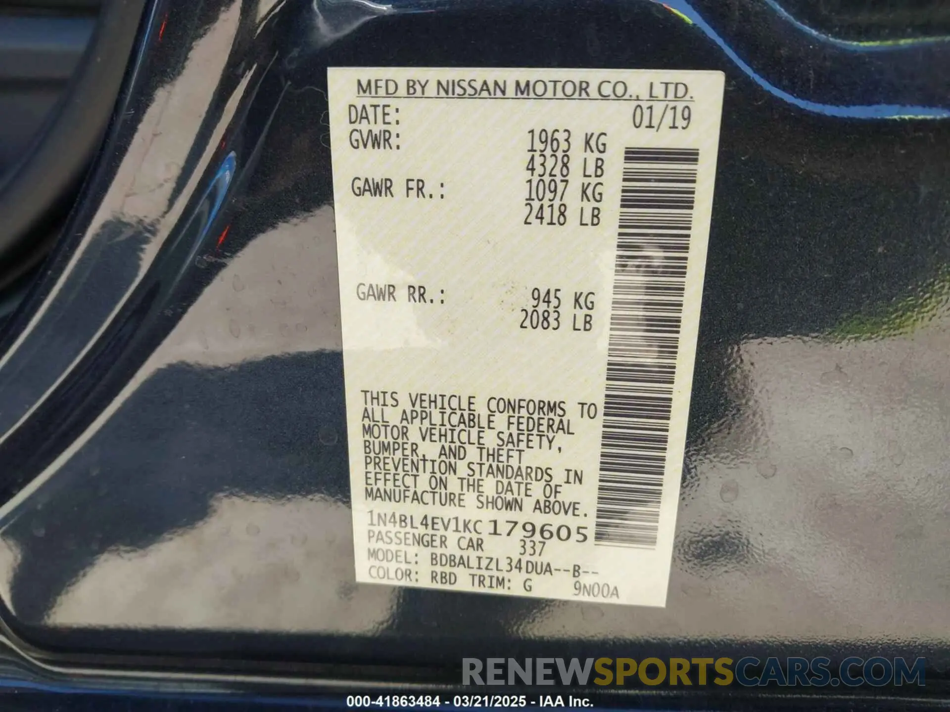 9 fotografías del automóvil dañado 1N4BL4EV1KC179605 NISSAN ALTIMA 2019