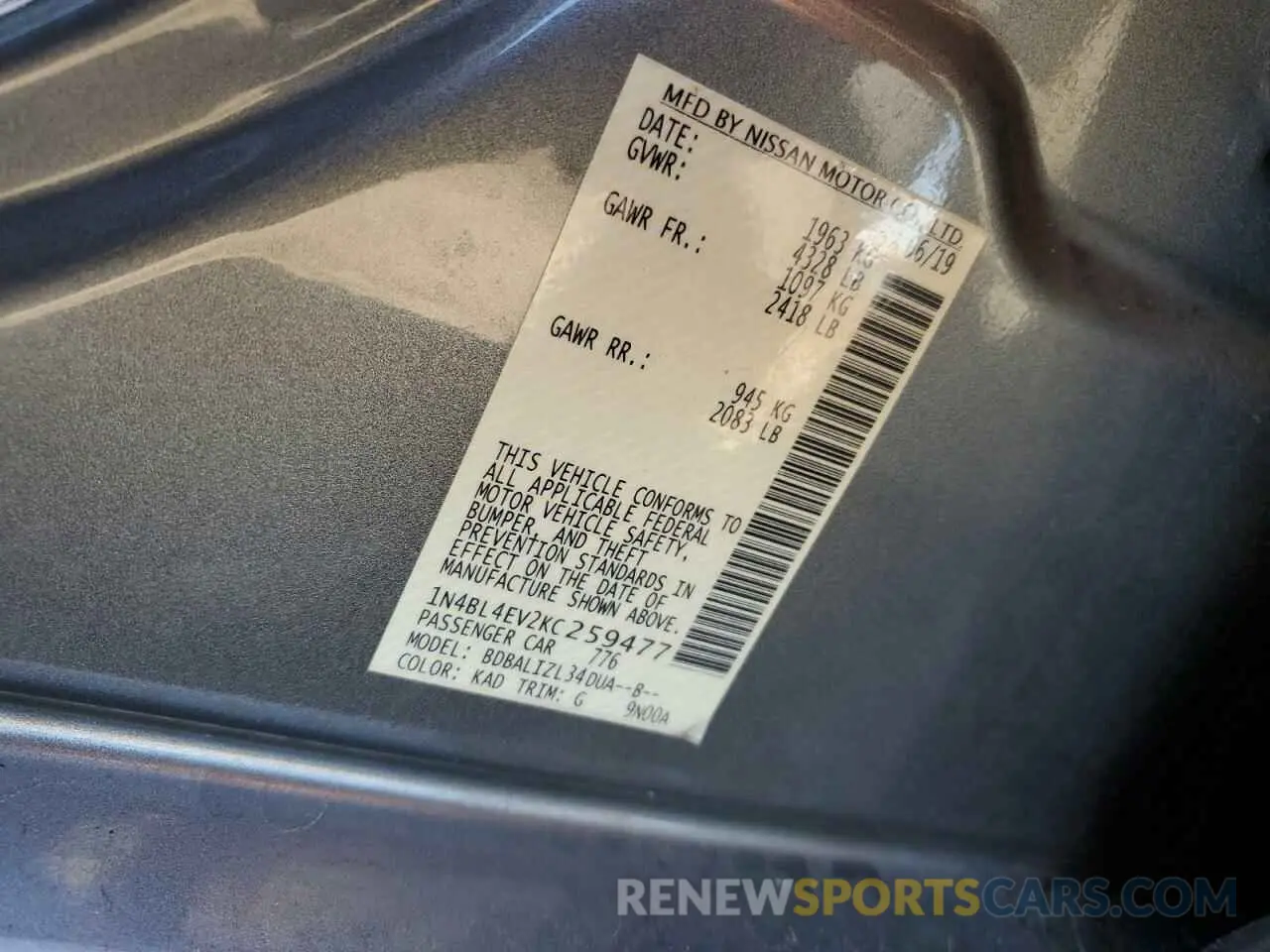 14 fotografías del automóvil dañado 1N4BL4EV2KC259477 NISSAN ALTIMA 2019