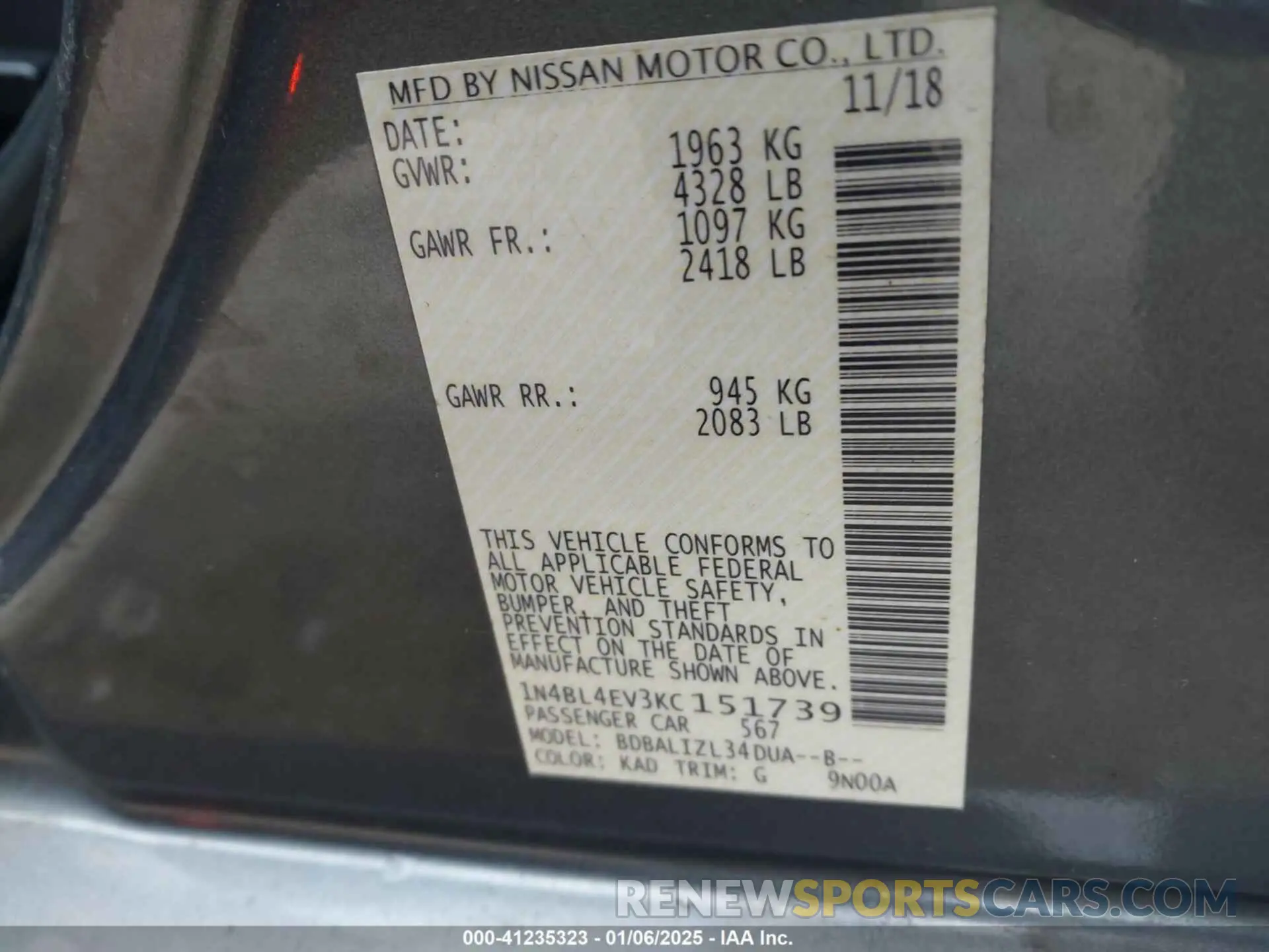 9 fotografías del automóvil dañado 1N4BL4EV3KC151739 NISSAN ALTIMA 2019