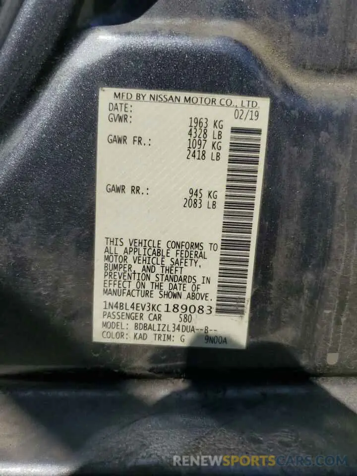 13 fotografías del automóvil dañado 1N4BL4EV3KC189083 NISSAN ALTIMA 2019