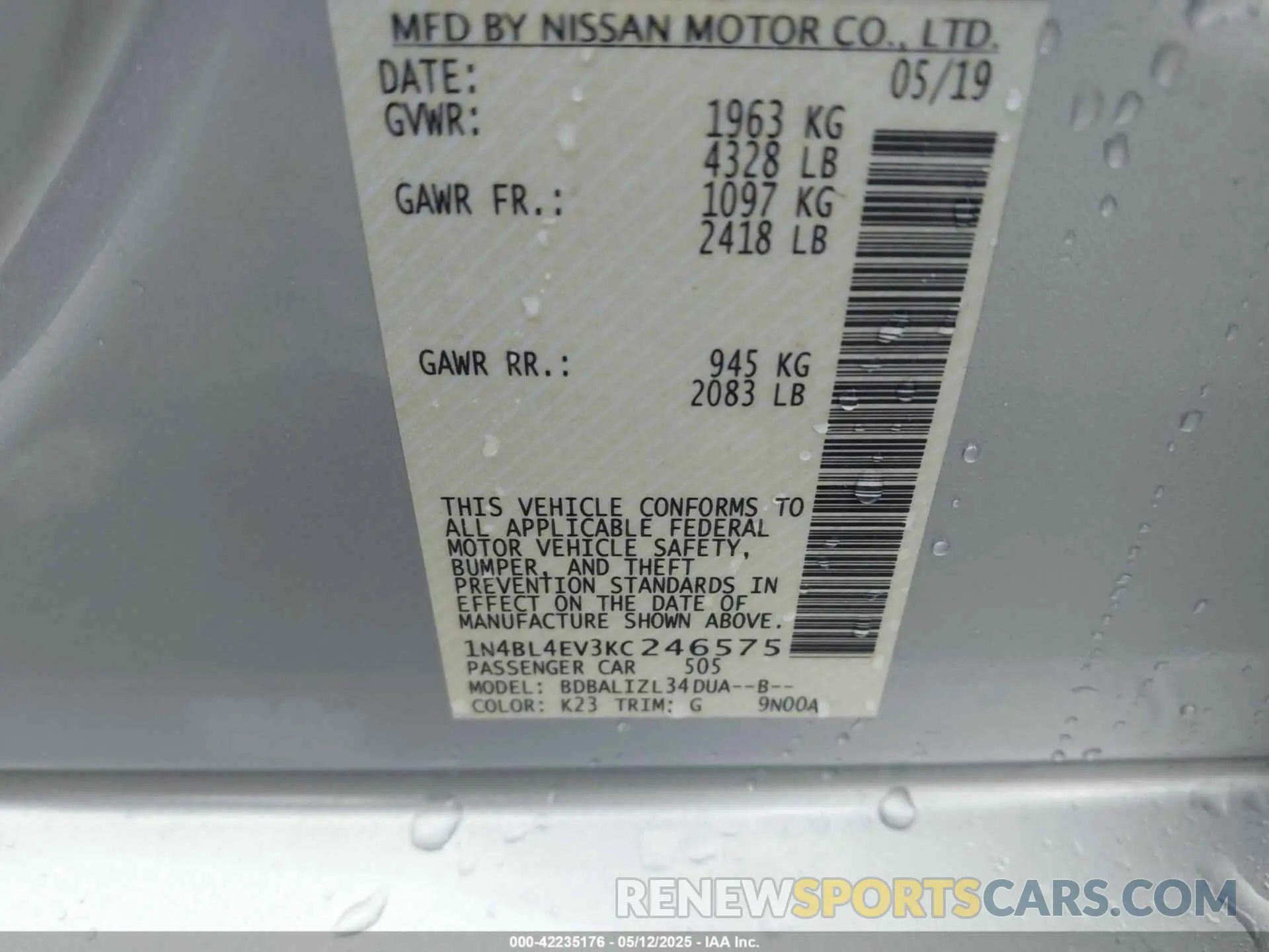 9 fotografías del automóvil dañado 1N4BL4EV3KC246575 NISSAN ALTIMA 2019