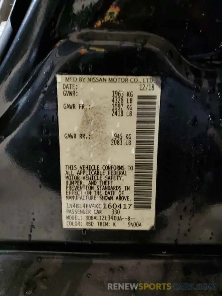 12 fotografías del automóvil dañado 1N4BL4EV4KC160417 NISSAN ALTIMA 2019