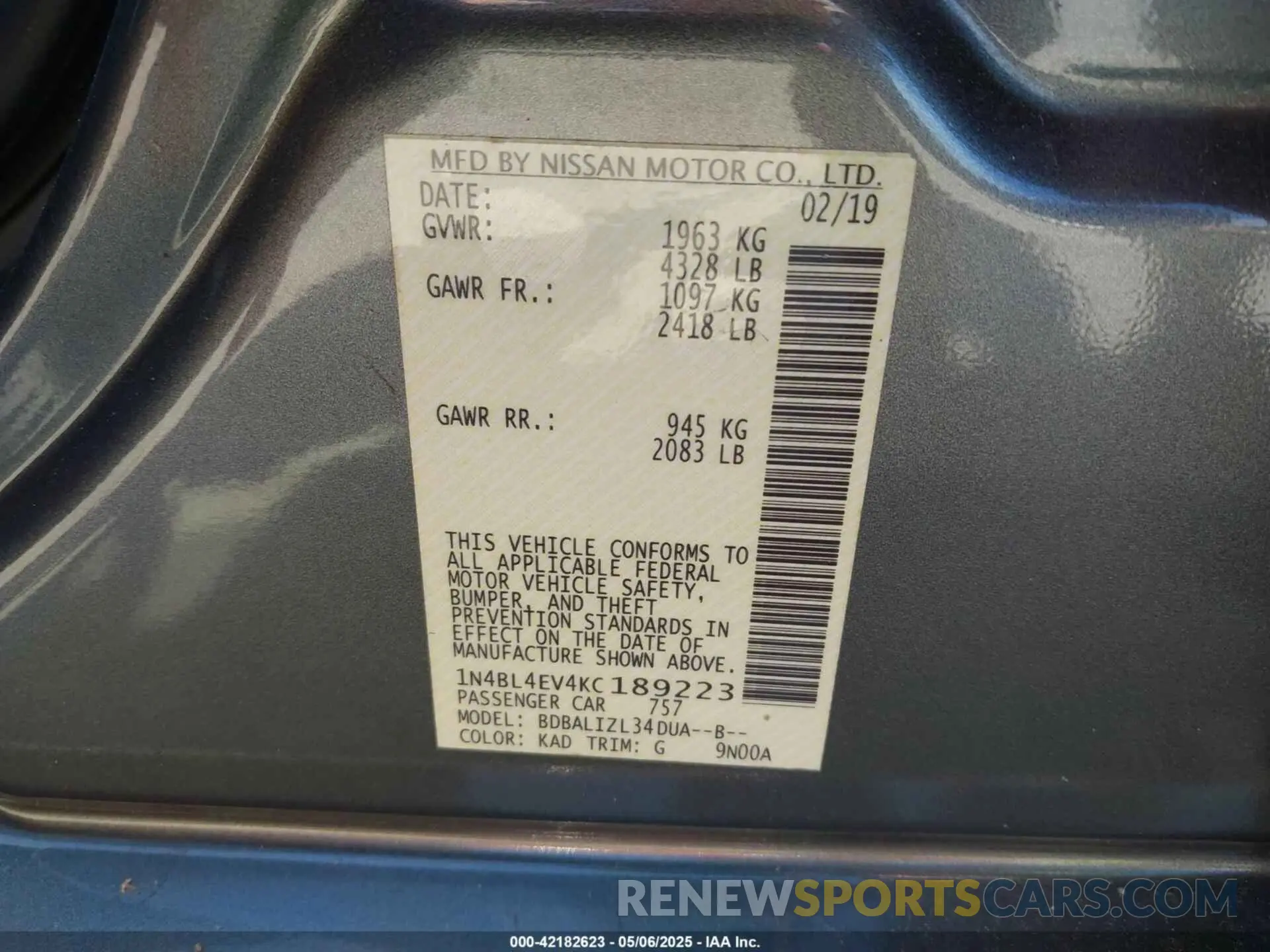 9 fotografías del automóvil dañado 1N4BL4EV4KC189223 NISSAN ALTIMA 2019
