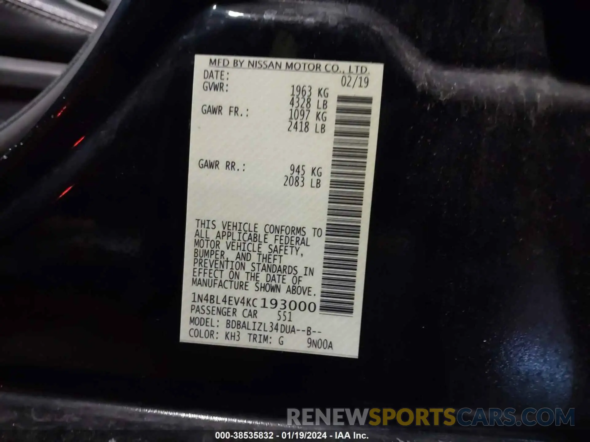 9 fotografías del automóvil dañado 1N4BL4EV4KC193000 NISSAN ALTIMA 2019