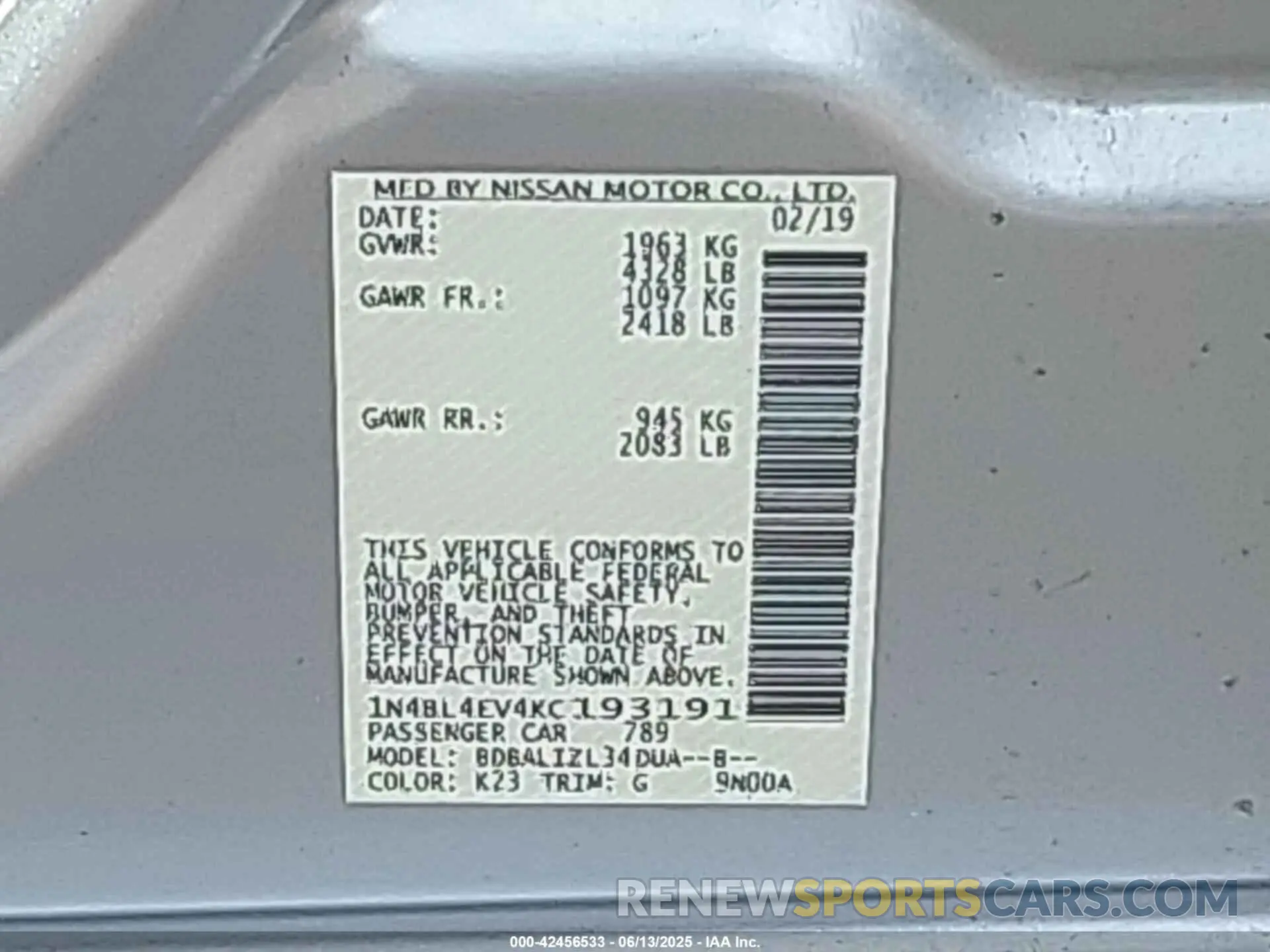 9 fotografías del automóvil dañado 1N4BL4EV4KC193191 NISSAN ALTIMA 2019