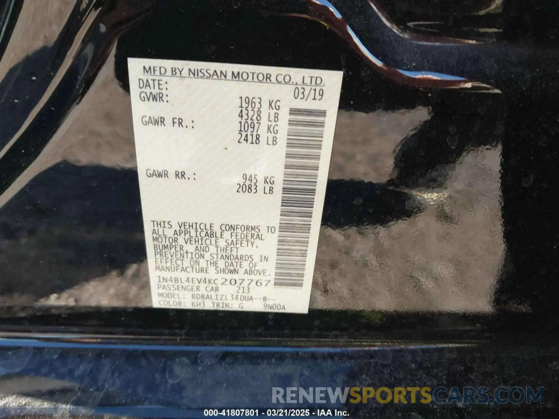 9 fotografías del automóvil dañado 1N4BL4EV4KC207767 NISSAN ALTIMA 2019