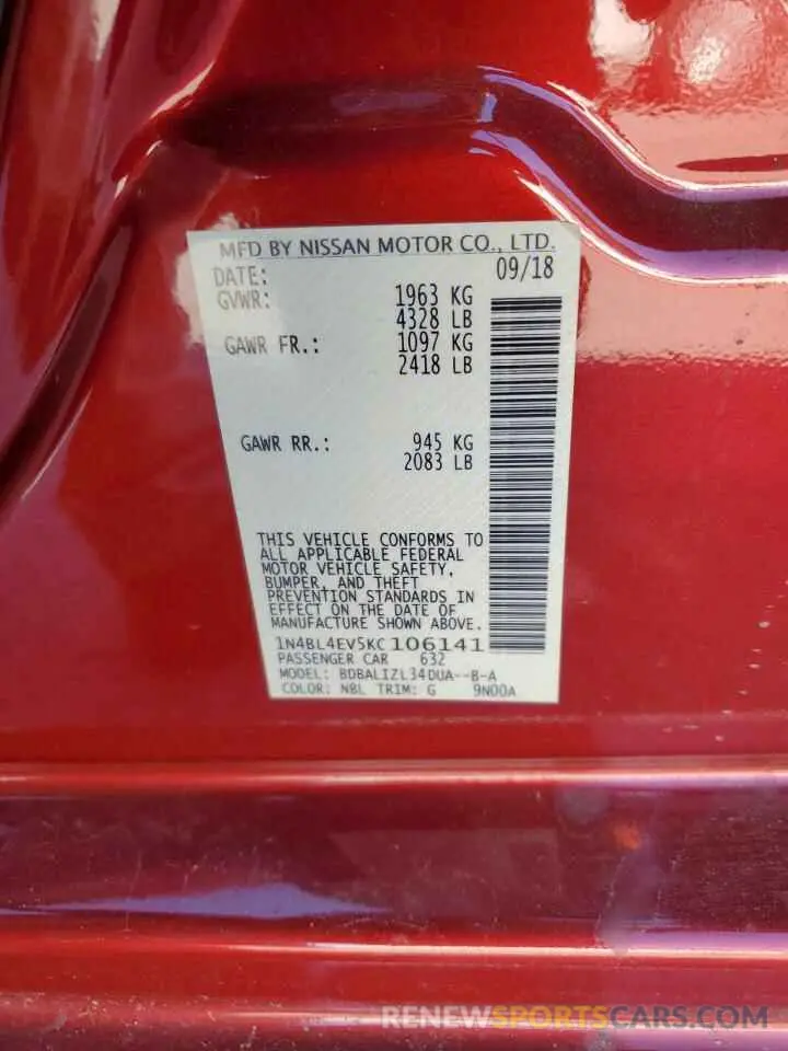 12 fotografías del automóvil dañado 1N4BL4EV5KC106141 NISSAN ALTIMA 2019