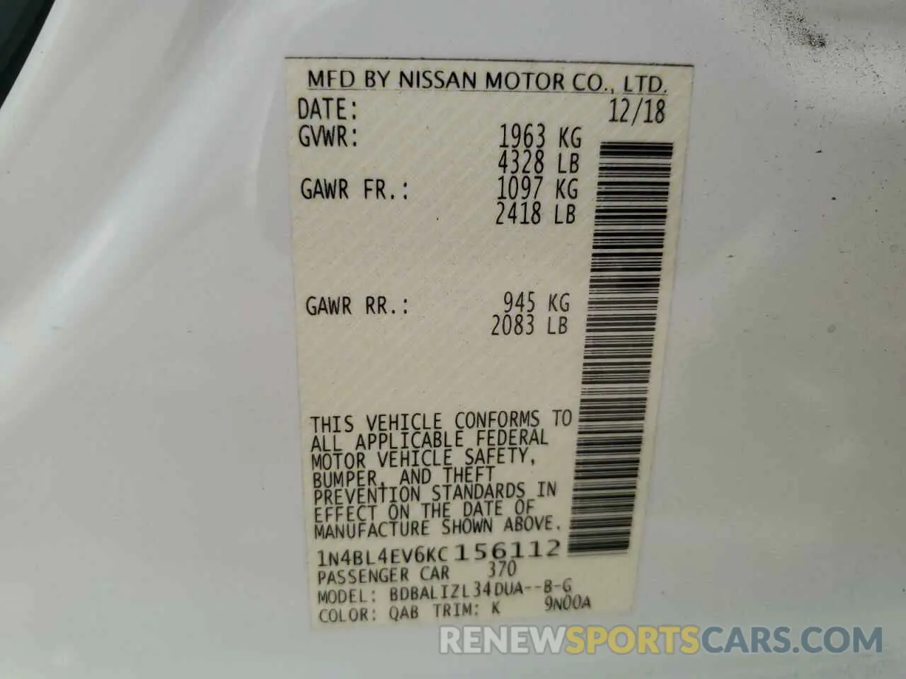14 fotografías del automóvil dañado 1N4BL4EV6KC156112 NISSAN ALTIMA 2019