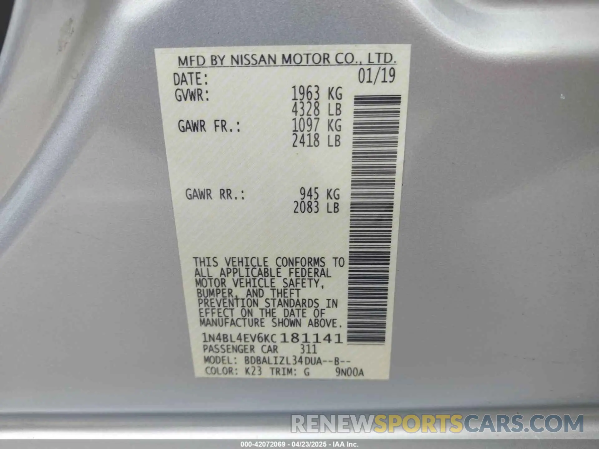 9 fotografías del automóvil dañado 1N4BL4EV6KC181141 NISSAN ALTIMA 2019