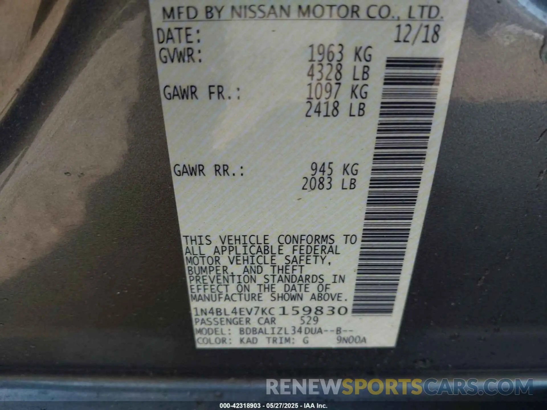 9 fotografías del automóvil dañado 1N4BL4EV7KC159830 NISSAN ALTIMA 2019