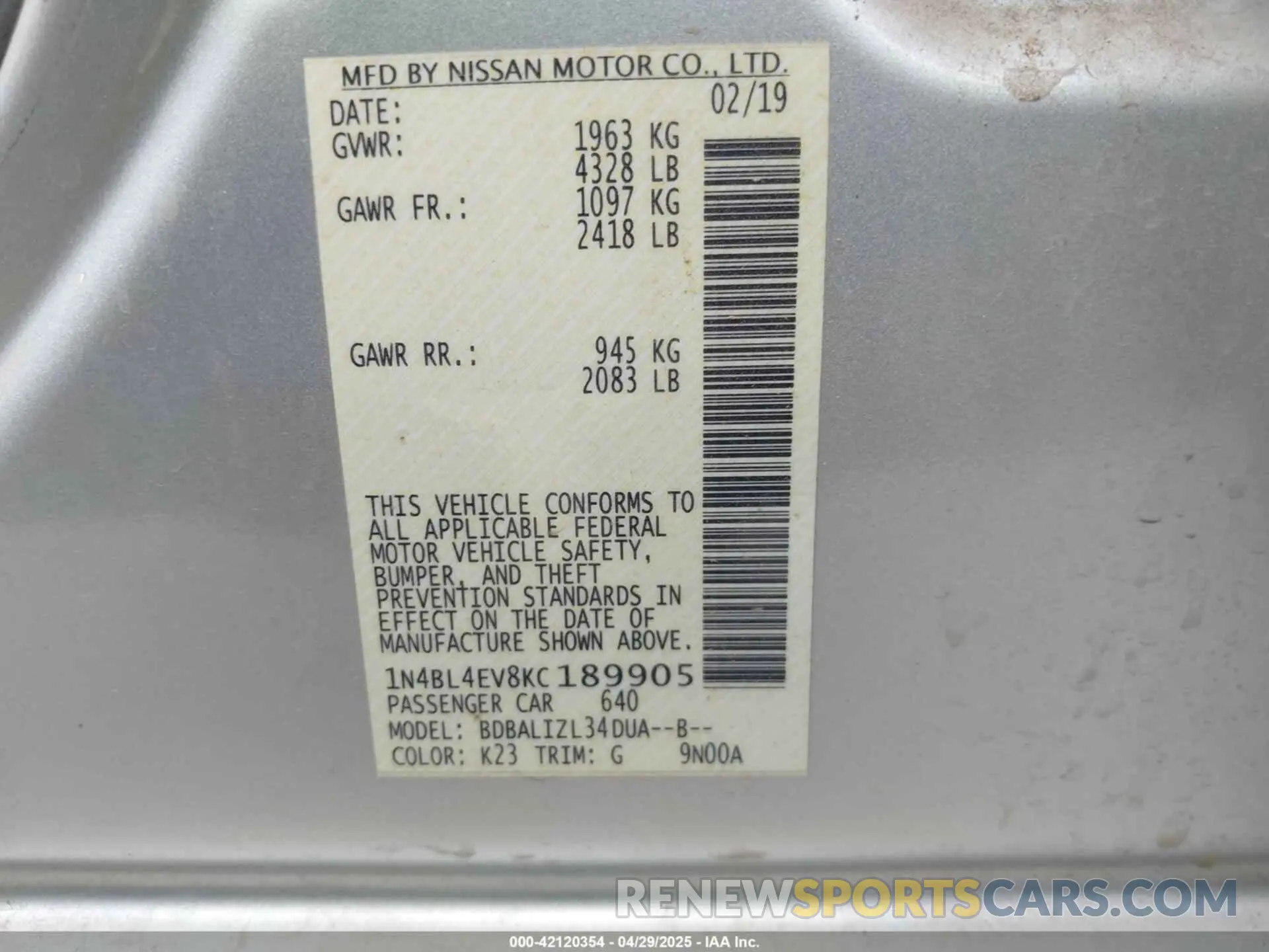 9 fotografías del automóvil dañado 1N4BL4EV8KC189905 NISSAN ALTIMA 2019