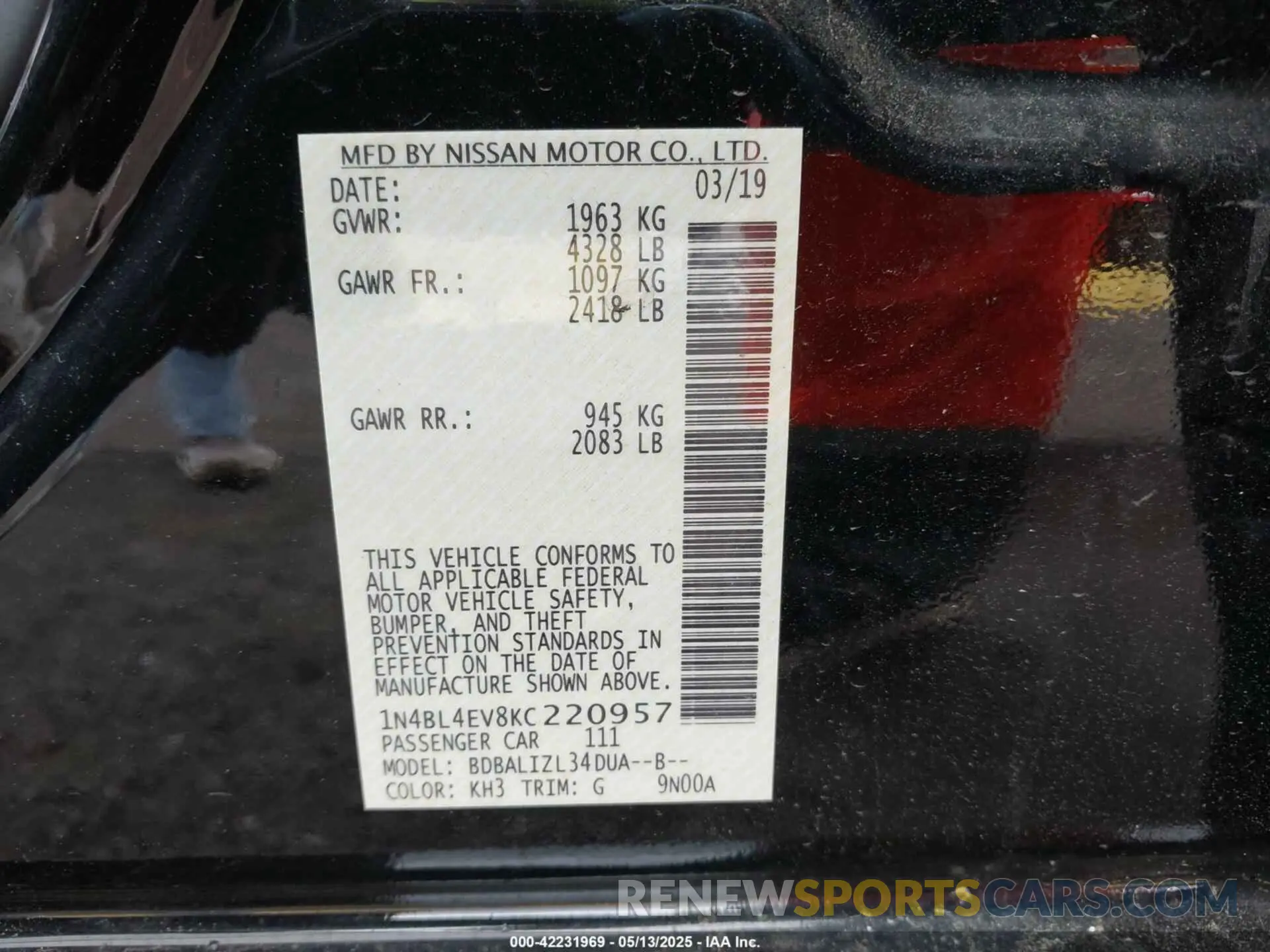 9 fotografías del automóvil dañado 1N4BL4EV8KC220957 NISSAN ALTIMA 2019